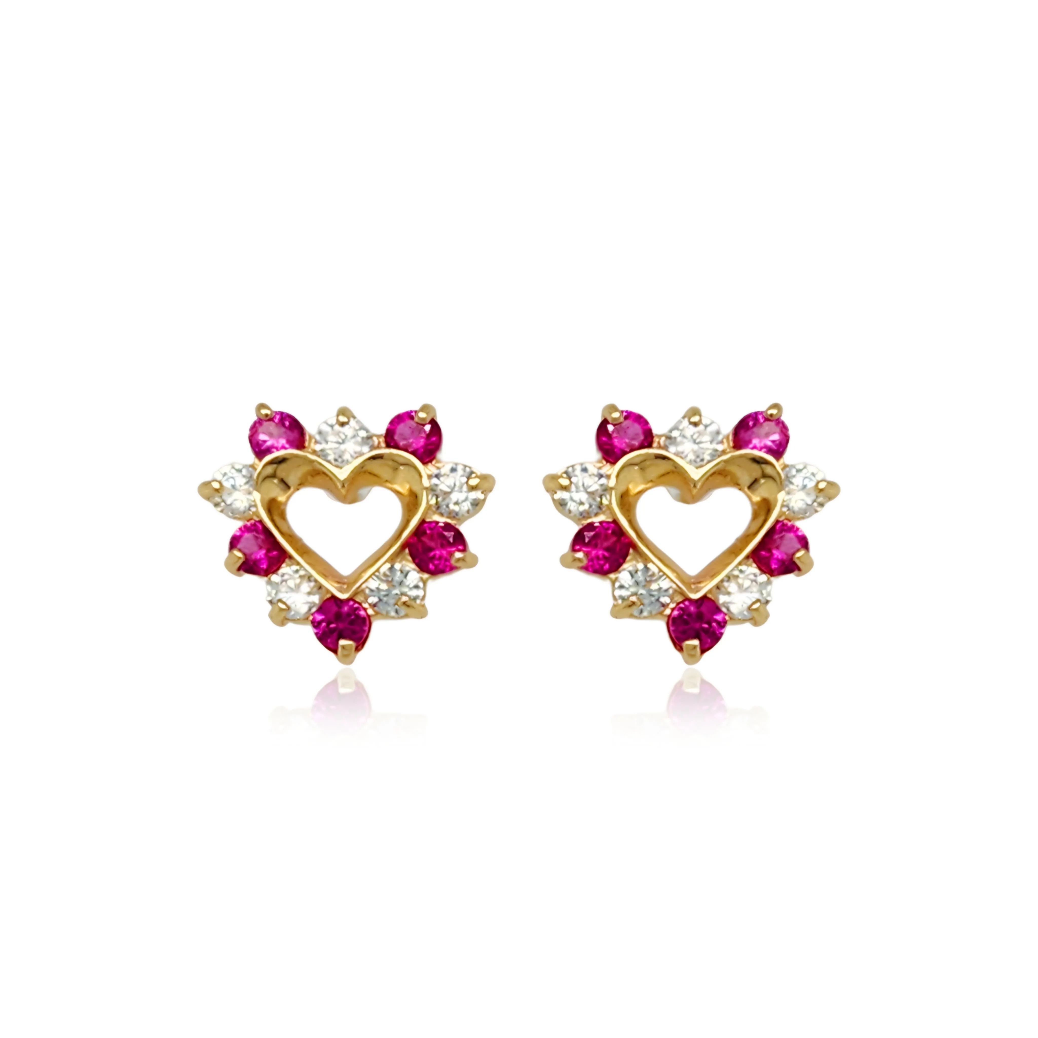 14k Gold Ruby Color CZ Heart Stud Earrings