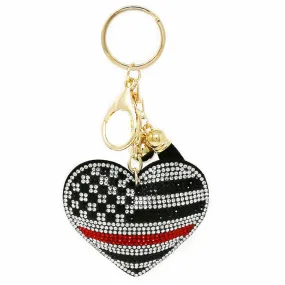 American Flag Heart / Firefighter Support Rhinestone Tape Keychain