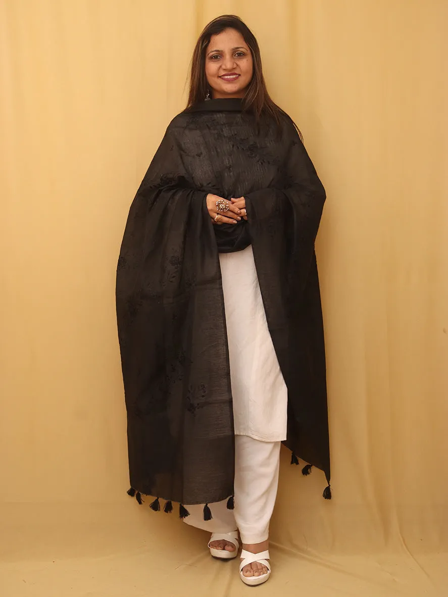 Black Embroidered Trendy Cotton Silk Dupatta