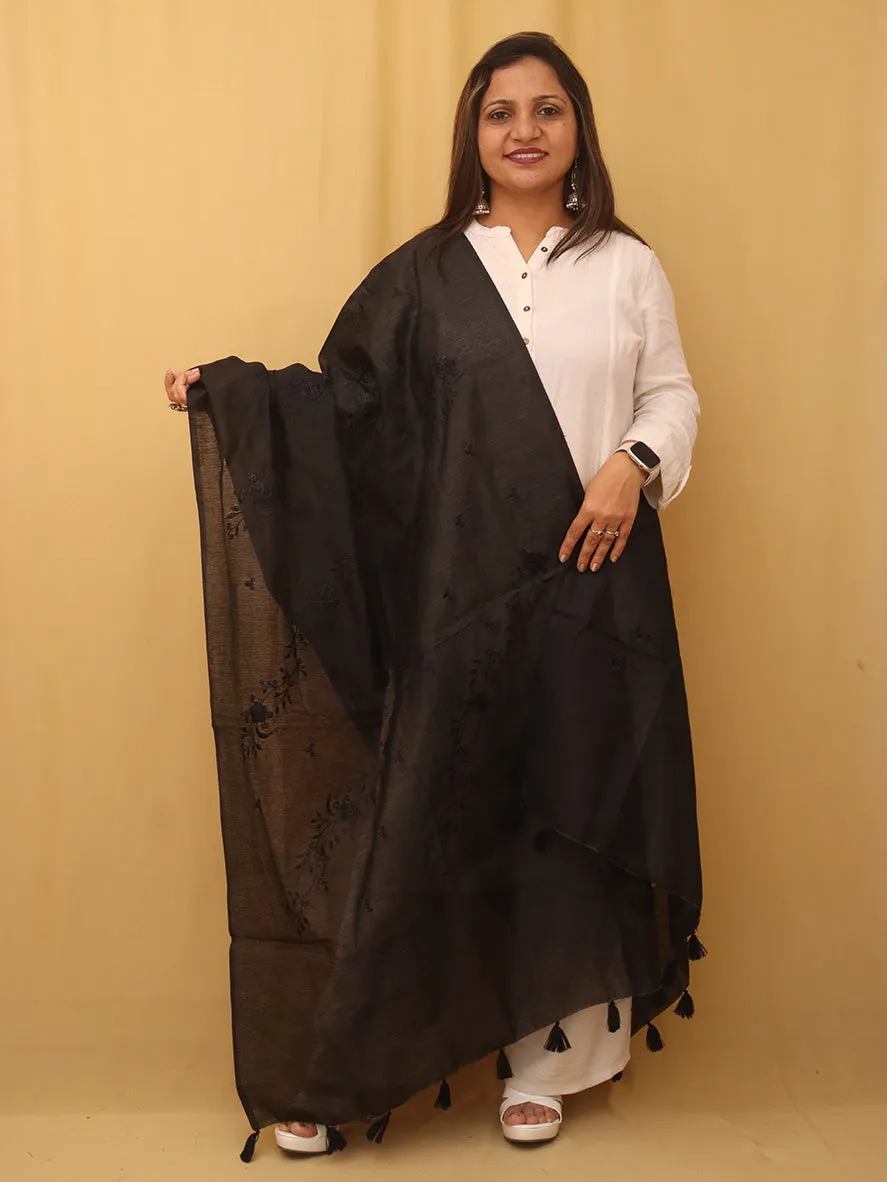 Black Embroidered Trendy Cotton Silk Dupatta