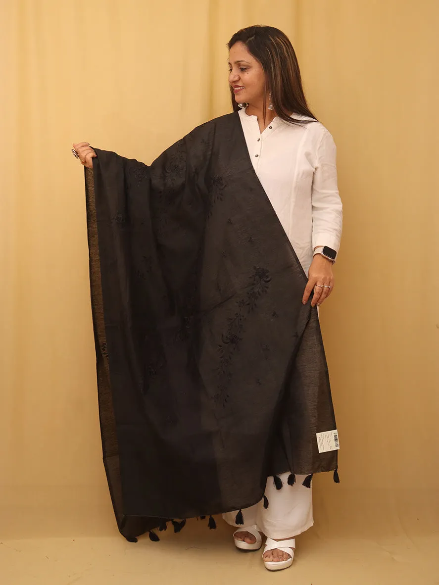 Black Embroidered Trendy Cotton Silk Dupatta