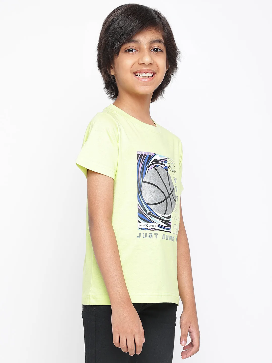 Boys Neon Green Printed Cotton T-shirt