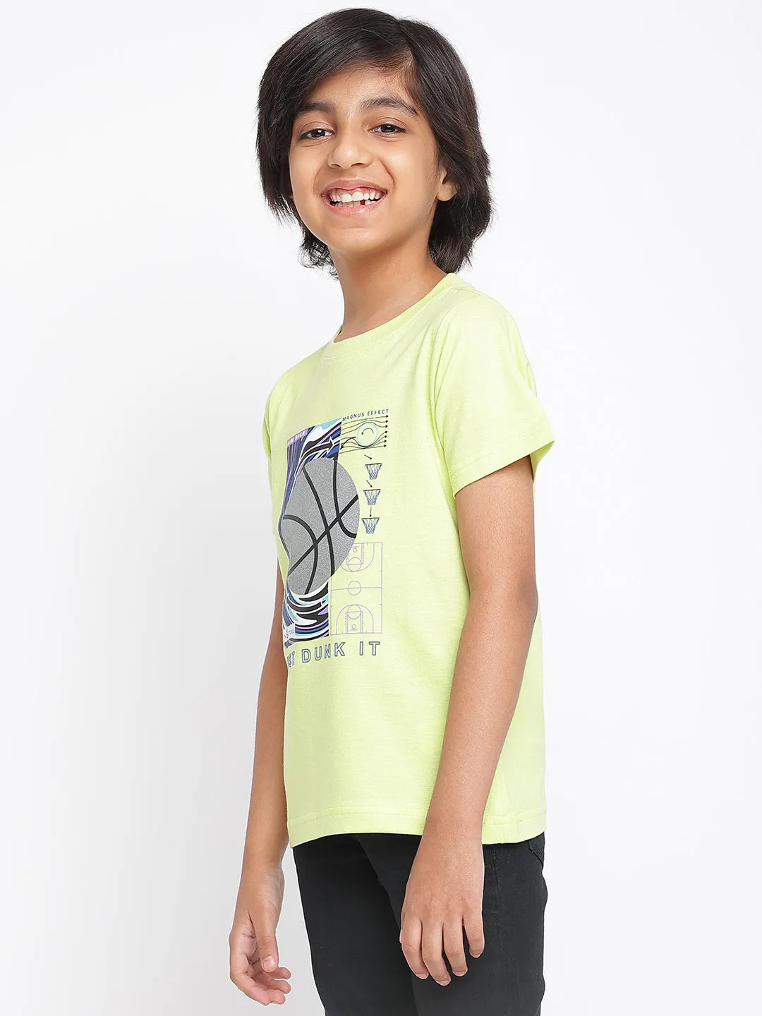 Boys Neon Green Printed Cotton T-shirt