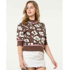 Brown Pink and Black Flower Knit Short Sleeve Mock Neck Sweater