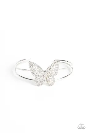 Butterfly Bella White Rhinestone Cuff Bracelet - Paparazzi Accessories