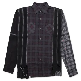 Flannel Shirt 7 Cuts Zipped Wide Shirt Over Dye - Black