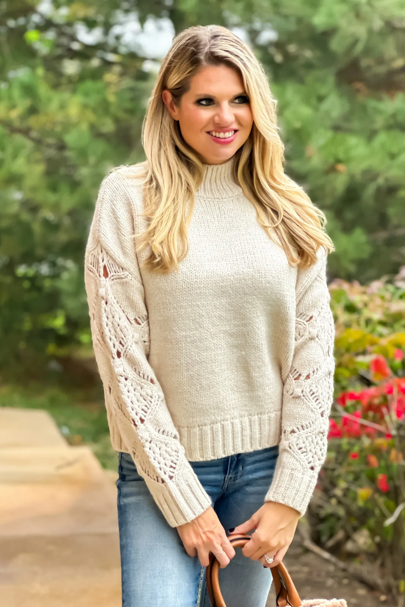 Happiest Days Crochet Sleeve Mock Neck Sweater : Cream