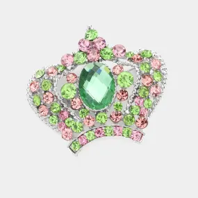 Pink and Green Pave Crystal Crown Pin Brooch