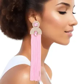 Pink Crystal Fringe Tassel Vintage Glam Earrings