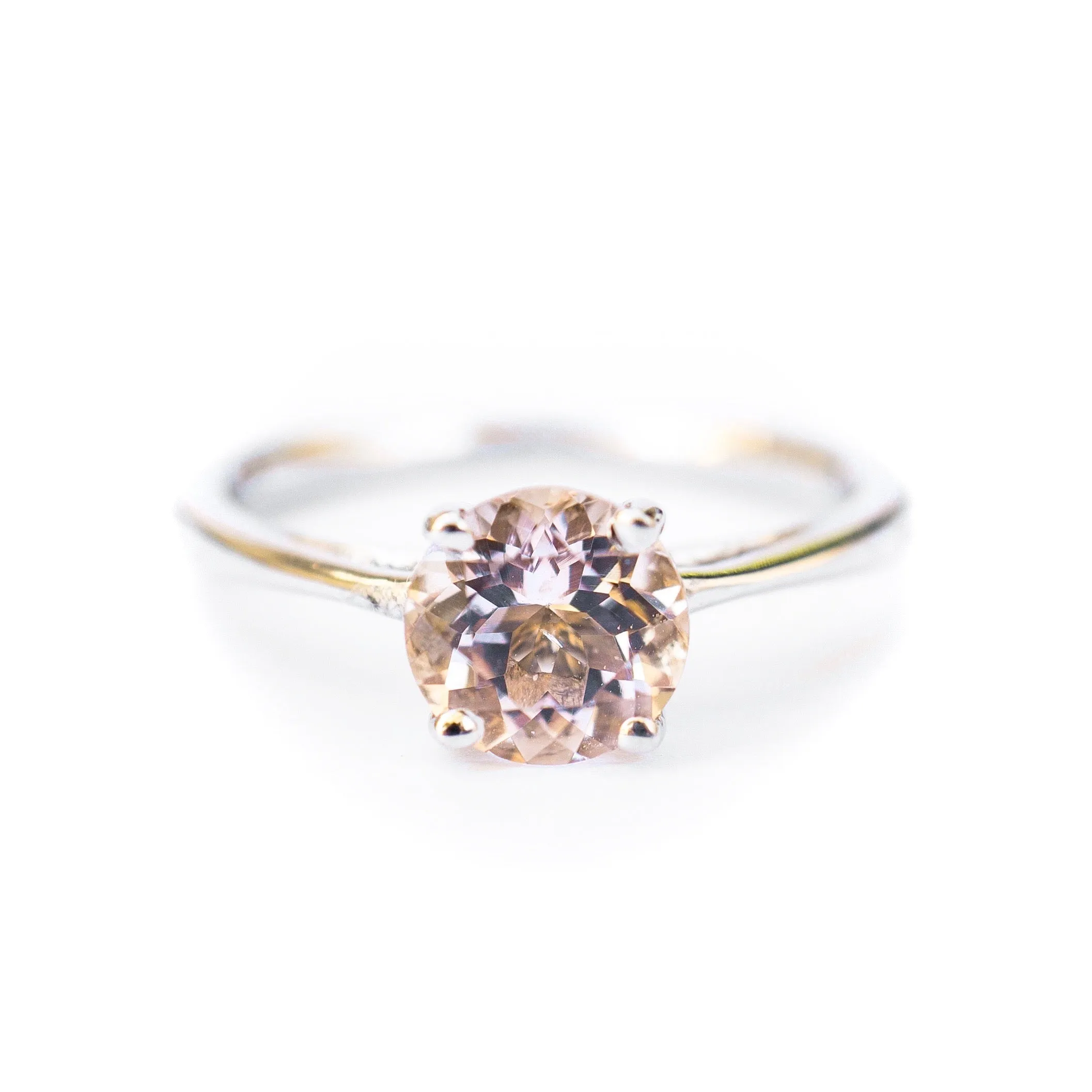 Silver Morganite Solitaire Ring - Round Morganite Sterling Ring - Women's Morganite Rings