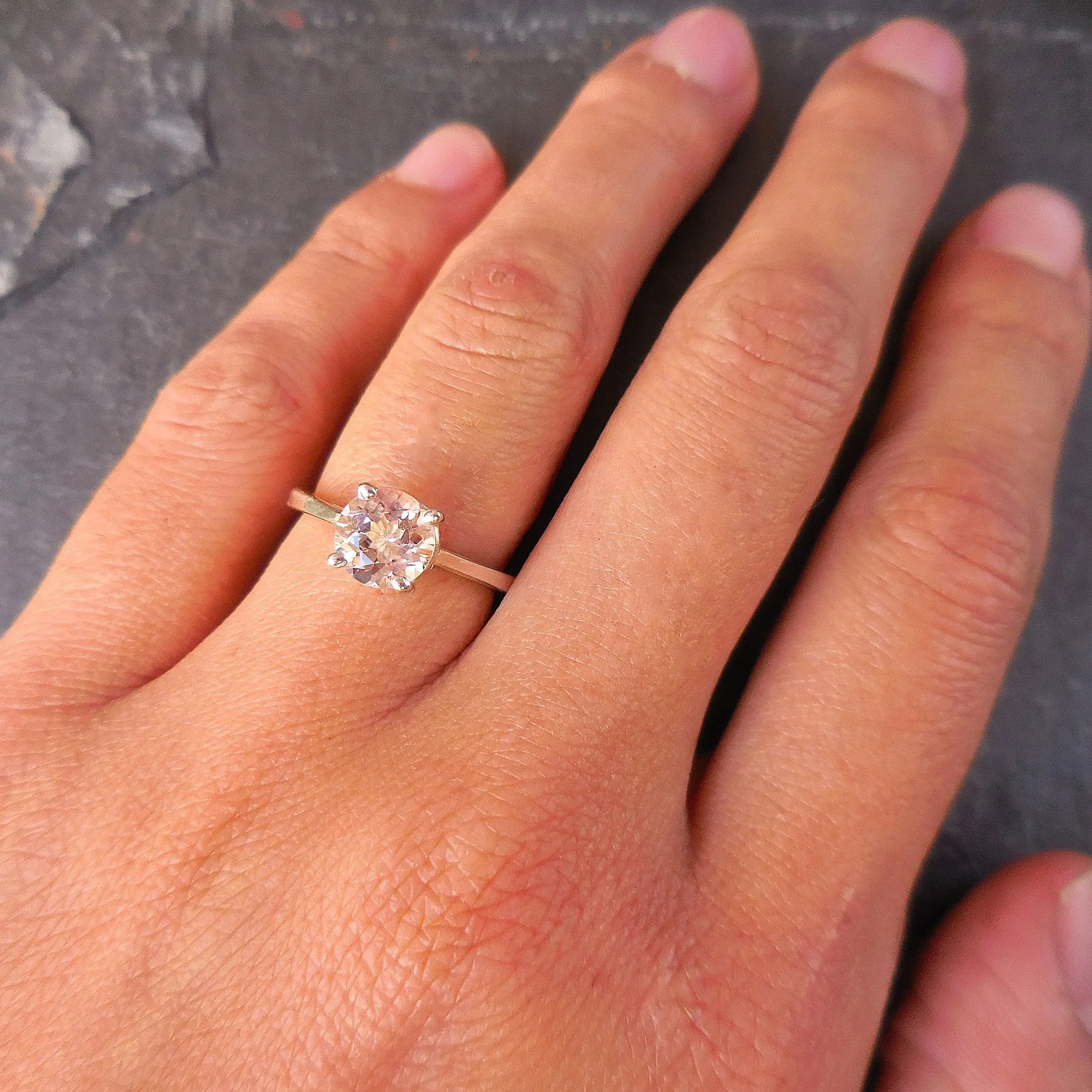 Silver Morganite Solitaire Ring - Round Morganite Sterling Ring - Women's Morganite Rings