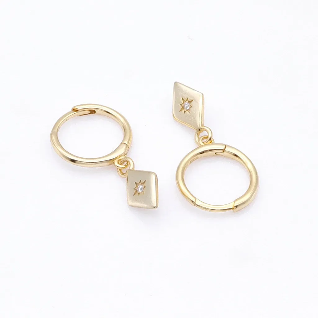 Sterling Silver Rhombus Charm Huggie Hoop Earrings - Gold