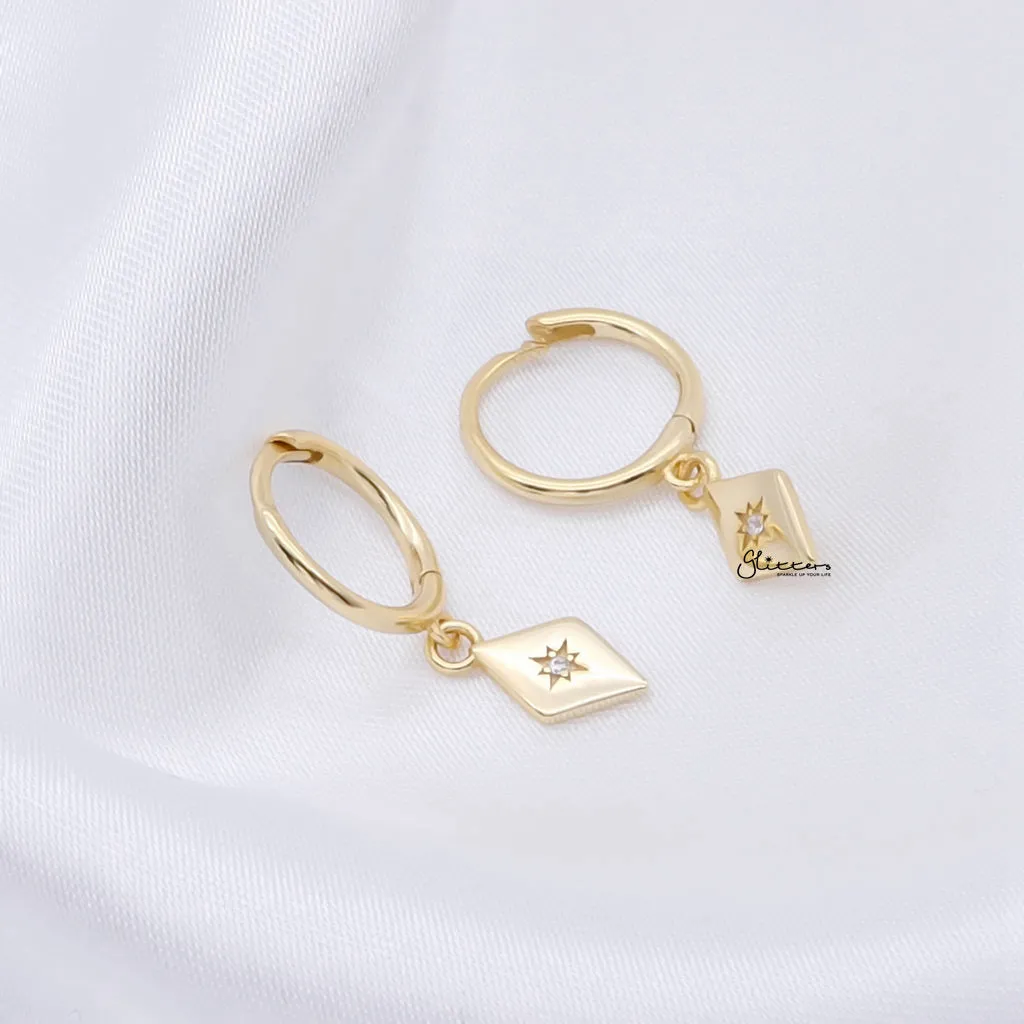 Sterling Silver Rhombus Charm Huggie Hoop Earrings - Gold