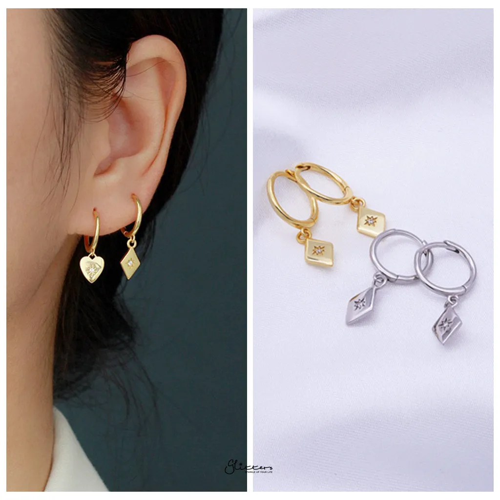 Sterling Silver Rhombus Charm Huggie Hoop Earrings - Gold