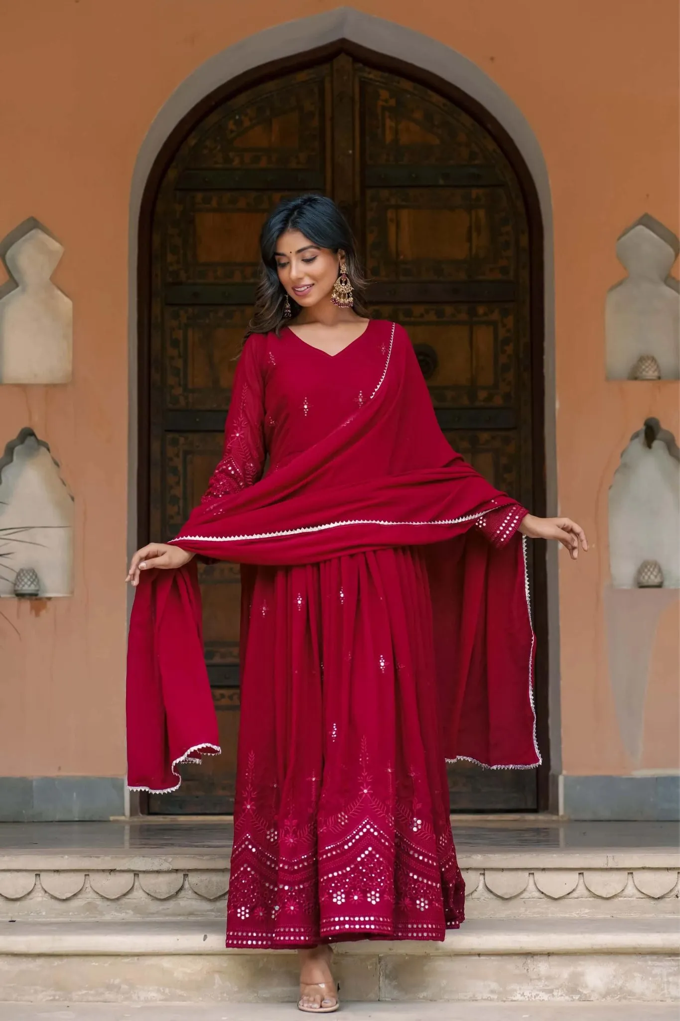 Traditional Mirror Work Gowns With Dupatta Set