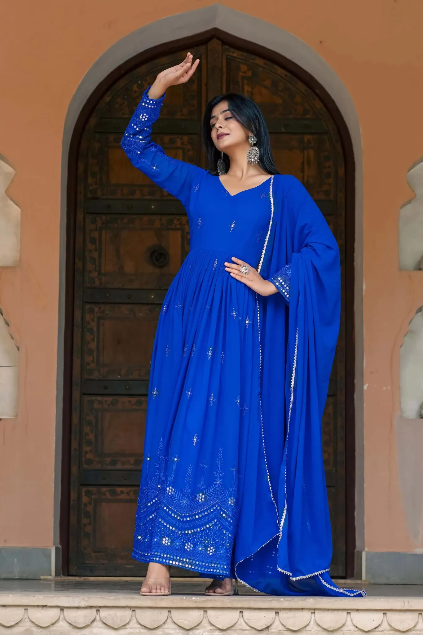 Traditional Mirror Work Gowns With Dupatta Set