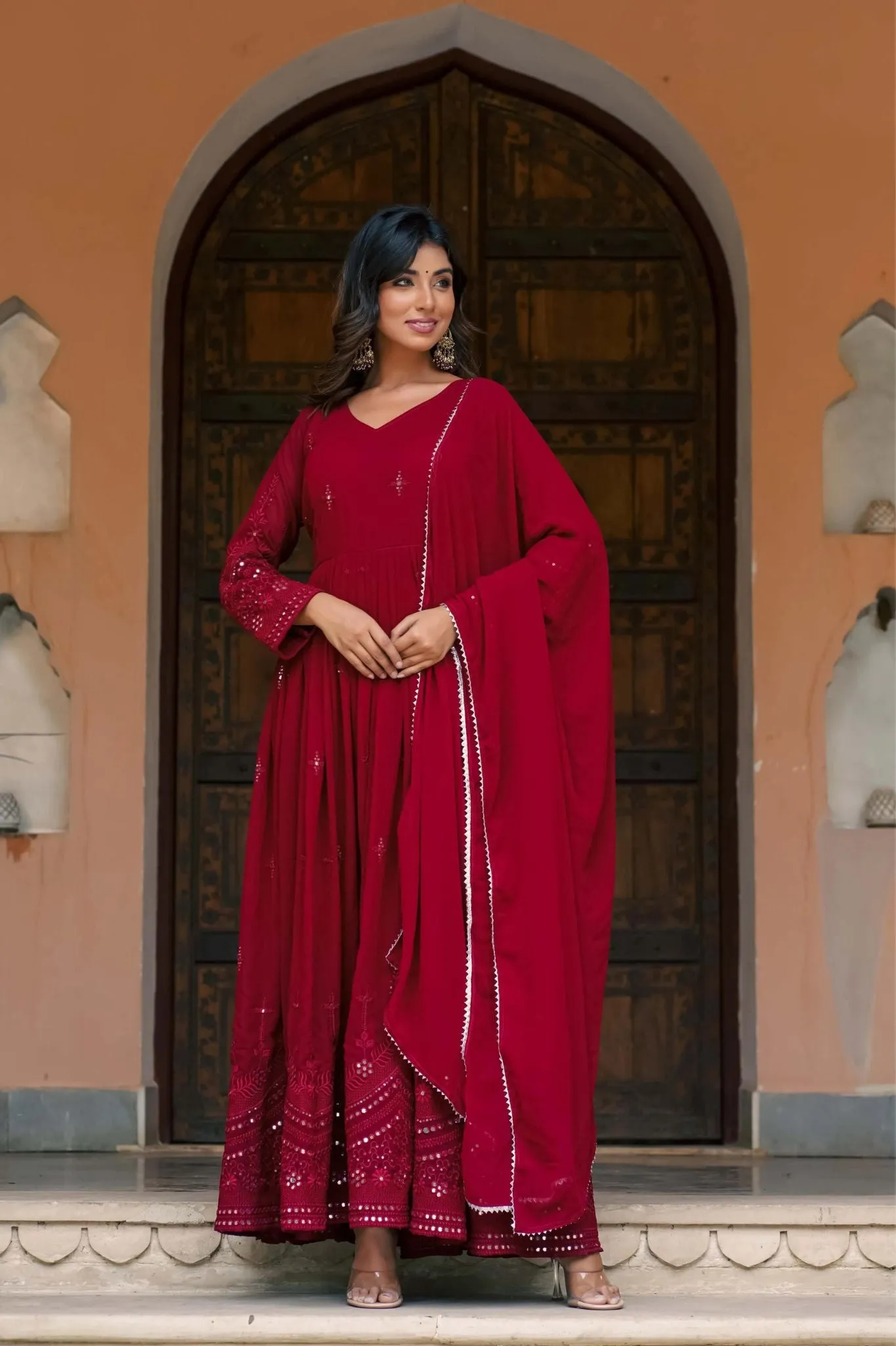 Traditional Mirror Work Gowns With Dupatta Set