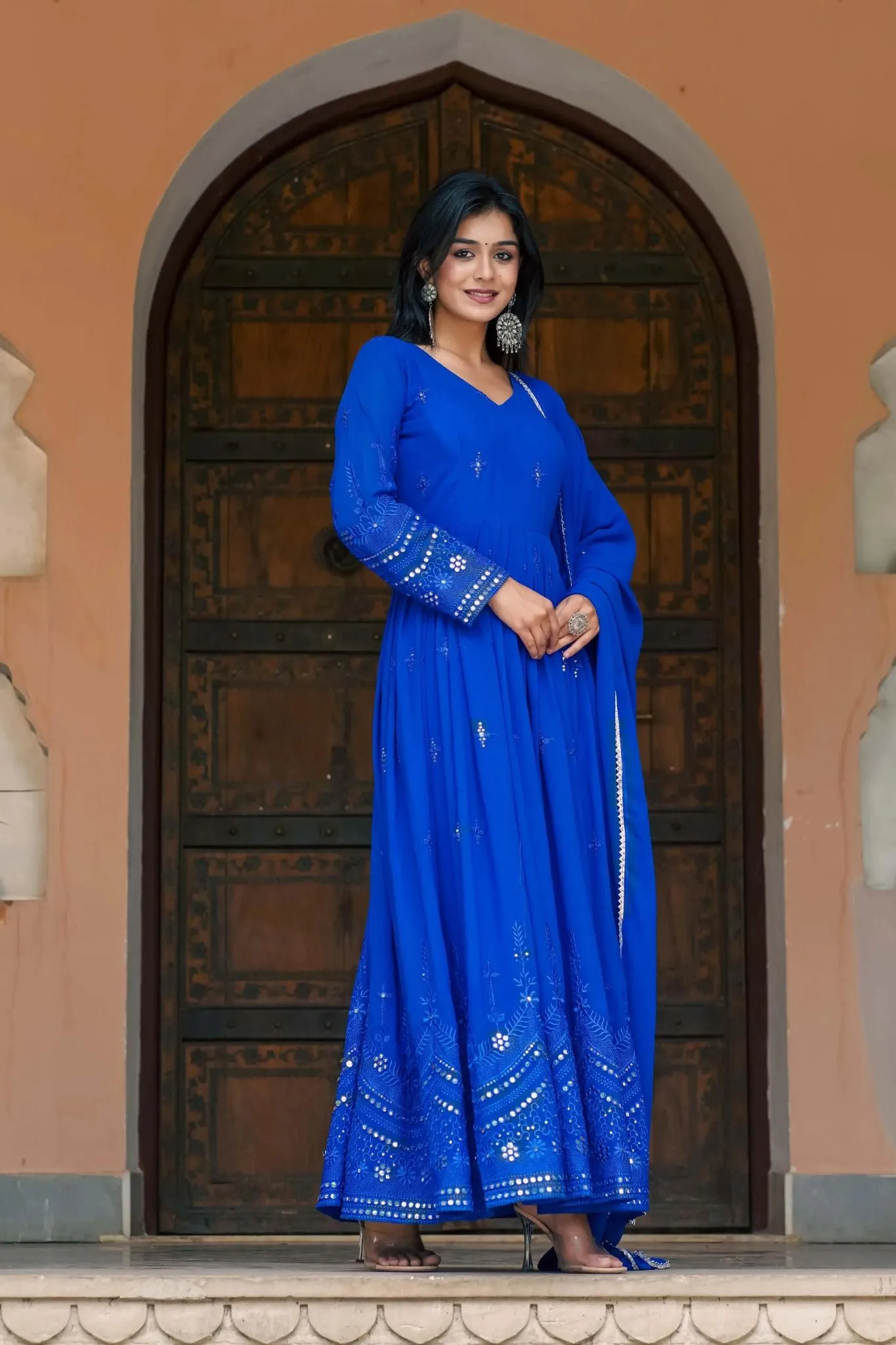 Traditional Mirror Work Gowns With Dupatta Set