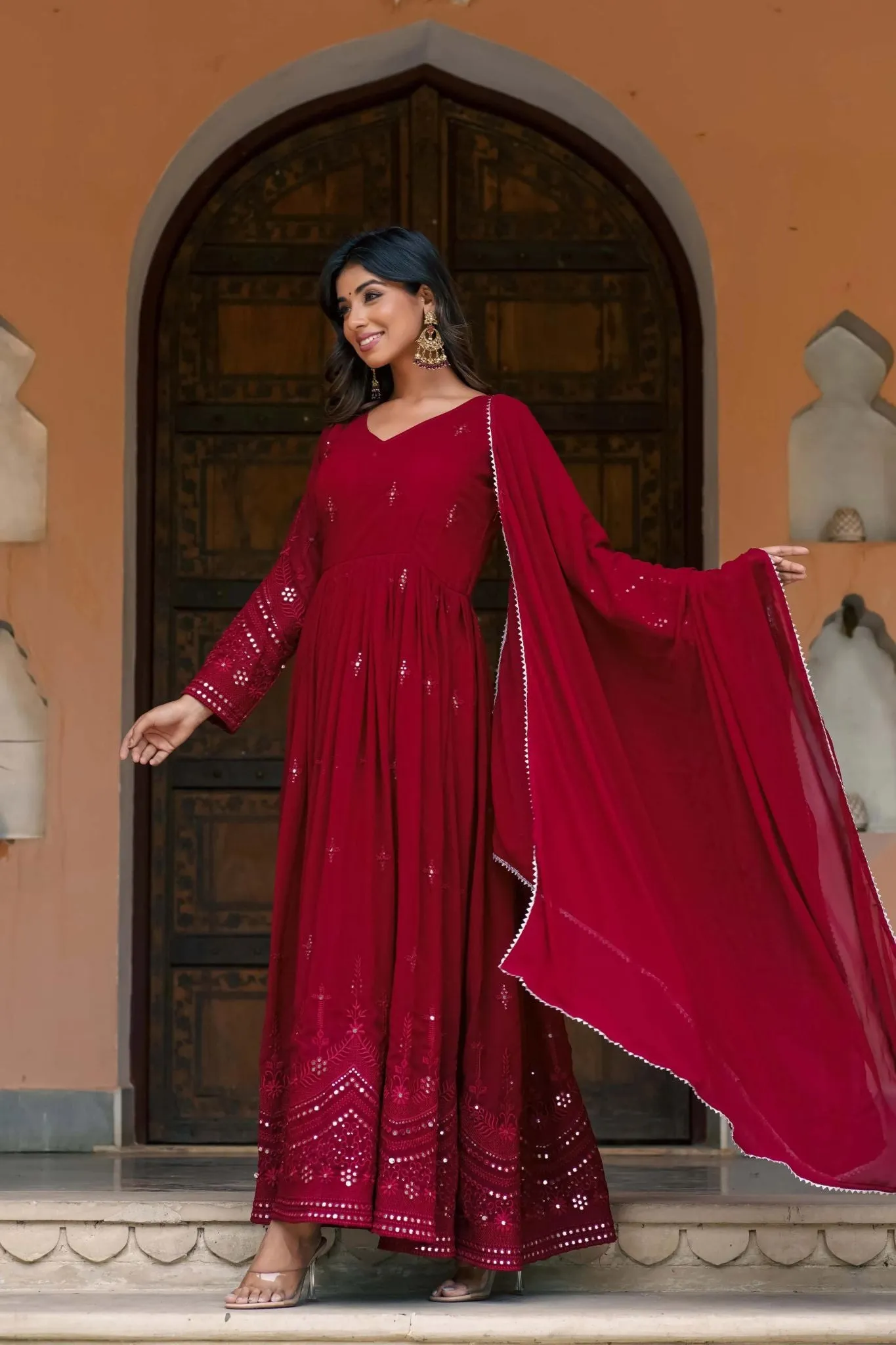 Traditional Mirror Work Gowns With Dupatta Set