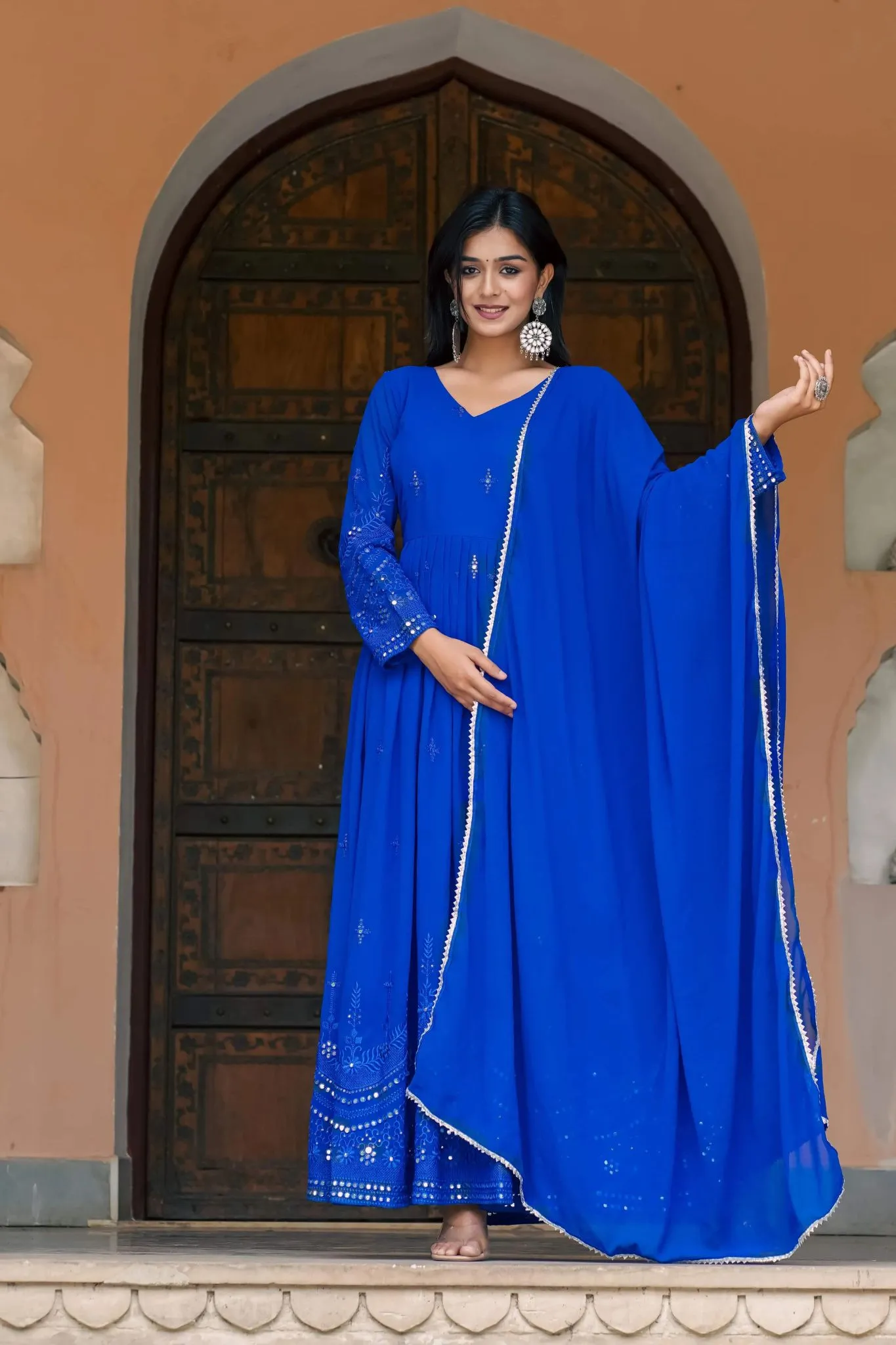 Traditional Mirror Work Gowns With Dupatta Set