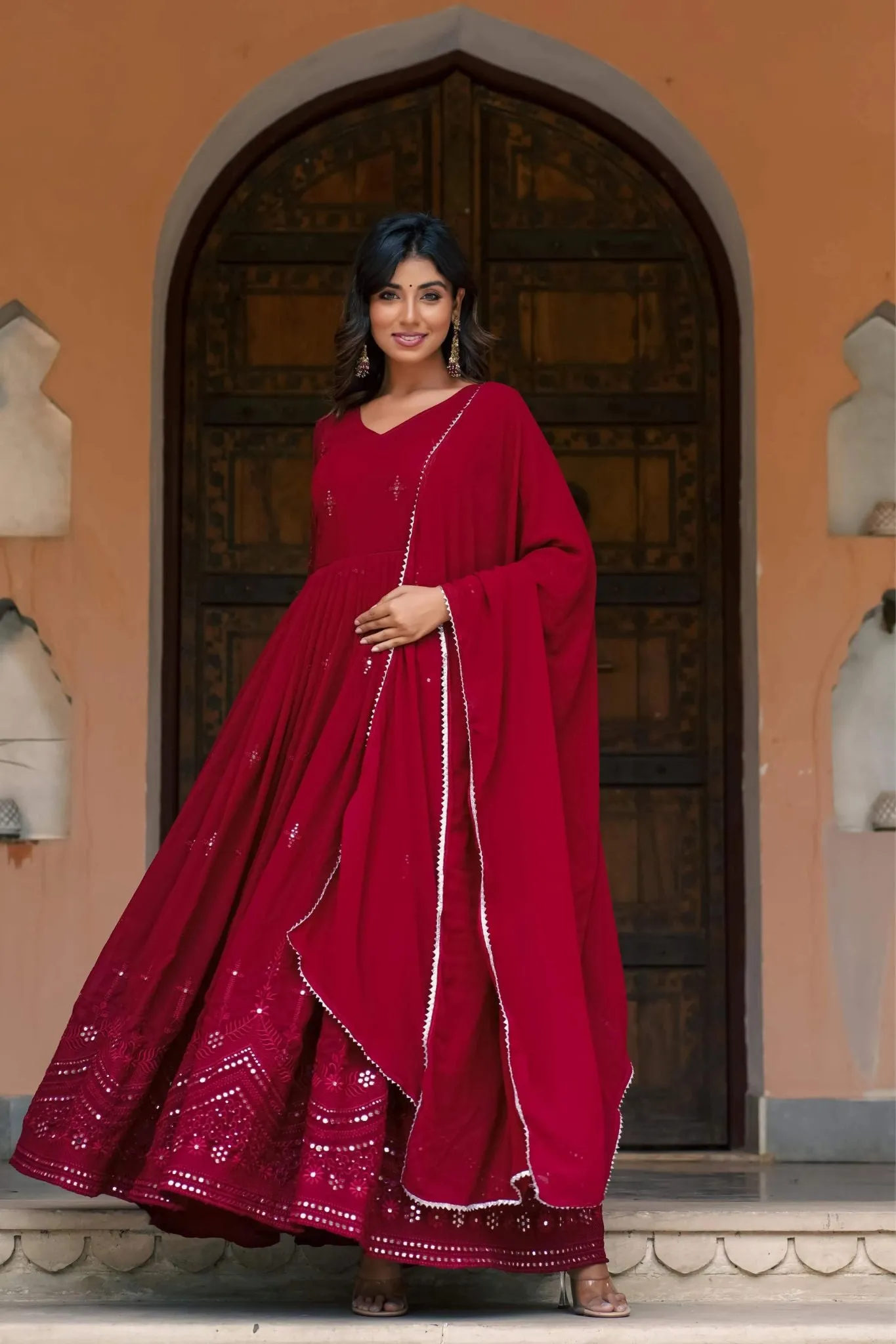 Traditional Mirror Work Gowns With Dupatta Set