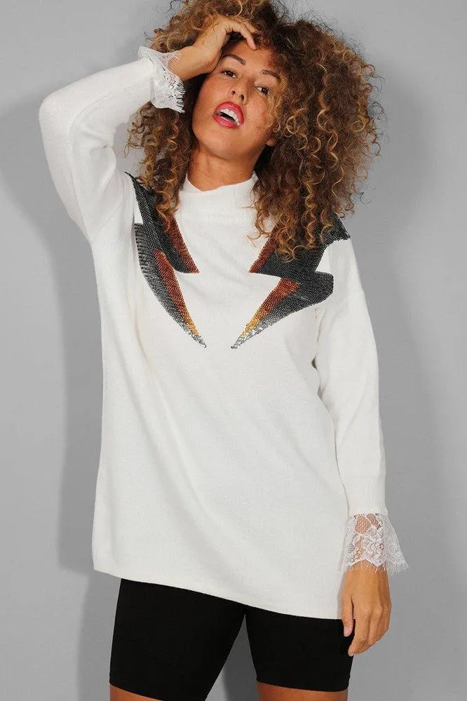 White Sequinned Lightning Lace Sleeve Trim Soft Knit Pullover